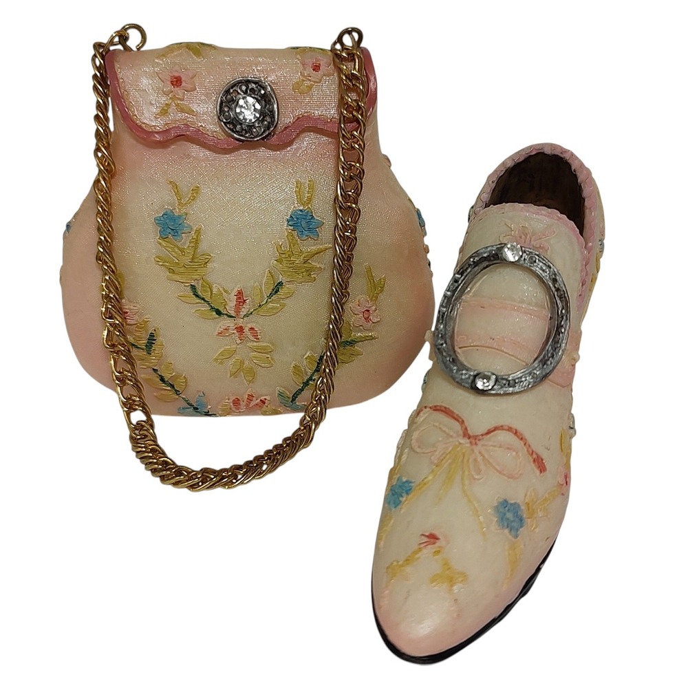 Miniature Tapestry Heeled Pump and  Handbag Purse Resin Matching Popular Imports